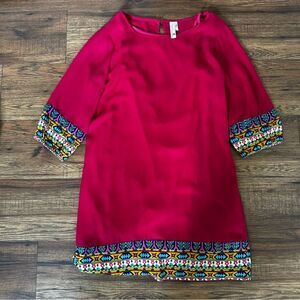 Pink Owl Fuchsia Dress with geometric pattern trim women’s Large NWOT